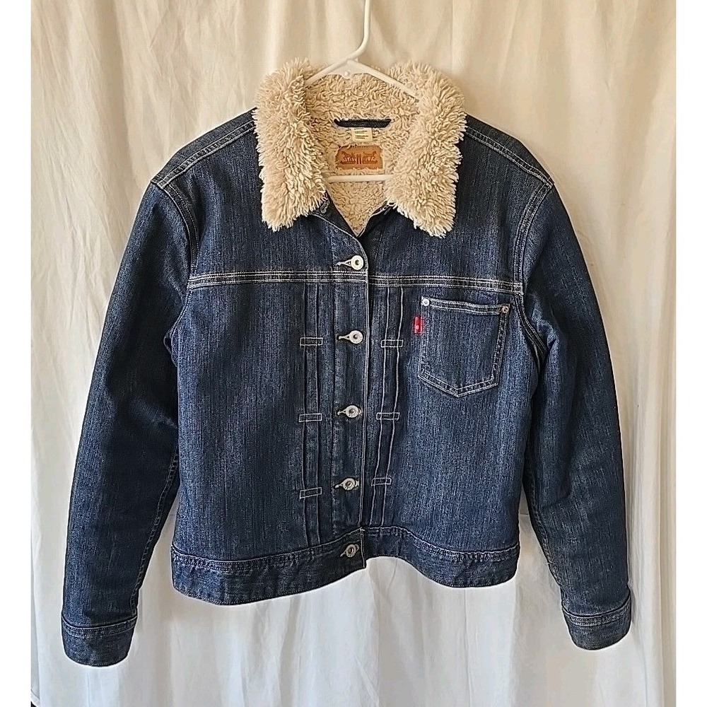 Levi's Sherpa Lined Denim Trucker Jacket Coat Button-Up‎ Dark Wash Womens
